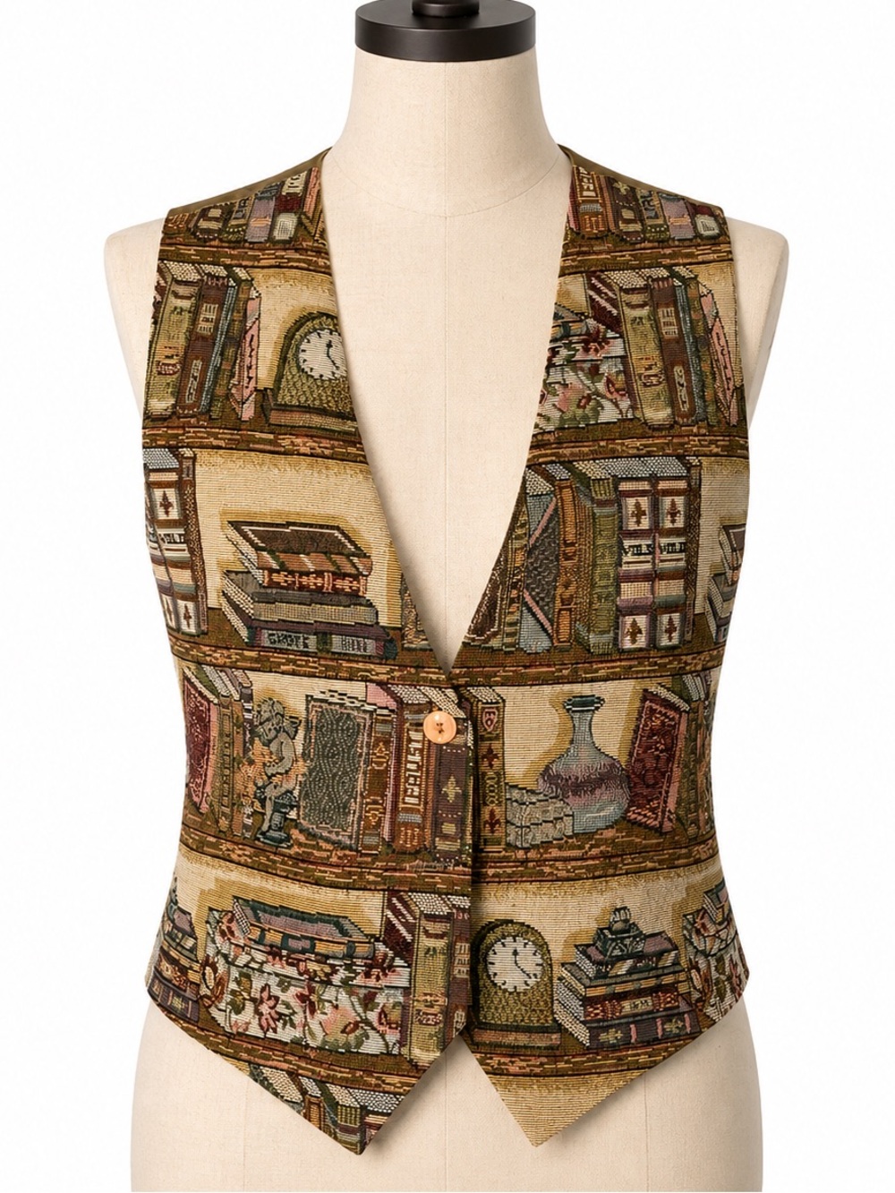 Vintage 80s tapestry, books, waistcoat / vest. Cottagecore GrandmaCore. Size L